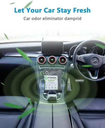Demonstrates the product's ability to eliminate car odors and keep the vehicle interior fresh, positioned in a real-world car setting to show practical application.