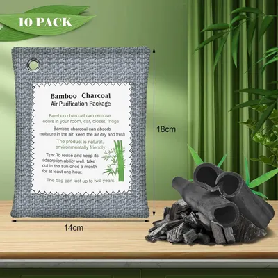 Communicates multiple benefits of the bamboo charcoal air purification product, including odor removal, moisture control, environmental friendliness, reusability, and durability to reassure shoppers…