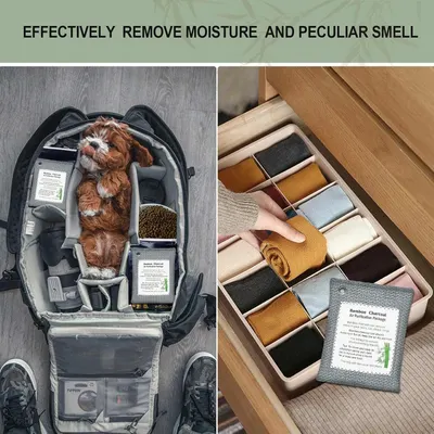 Demonstrates the product's versatility by showing it can be used in multiple environments—backpacks, drawers, and storage areas—to remove moisture and odors. Communicates the core benefit of…