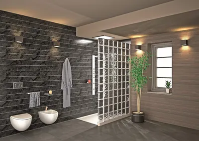Demonstrates the product (glass block shower divider) in a real-world, upscale bathroom setting to help shoppers visualize how it would look in their own home.