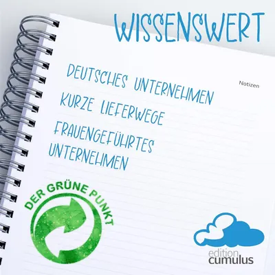 Showcases the brand's product line (a notebook titled 'WISSENSWERT' with various German business topics listed) and reinforces the publisher's identity (edition cumulus) with sustainability…