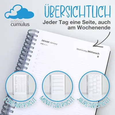 Communicates the planner's key organizational benefit of providing a clear daily overview with one page per day, including weekends, to help shoppers understand the product's layout and usability.