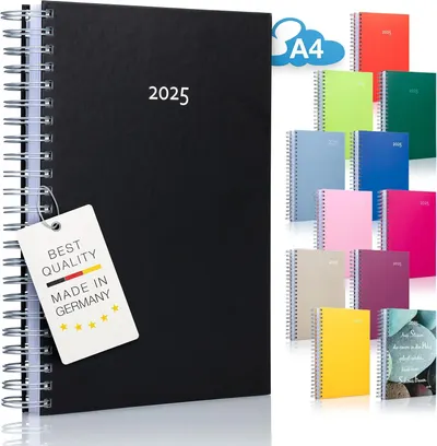 Showcases the brand's full product portfolio of 2025 planners in multiple colors and styles, while emphasizing German manufacturing quality to build trust and help shoppers choose from available…