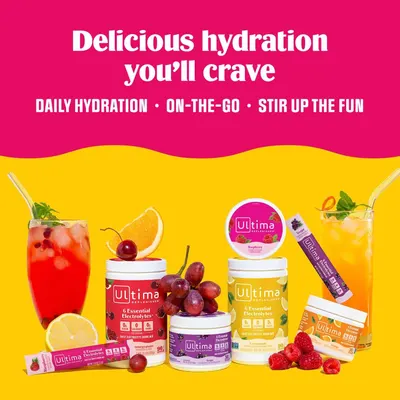 Showcases the Ultima Replenisher brand's full product portfolio across multiple flavors and formats (tubs, sticks, drink mixes) while communicating the brand's core value proposition of delicious,…