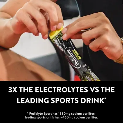 Communicates a quantifiable performance superiority claim showing the product has 3 times more electrolytes than the leading sports drink competitor, reinforcing its effectiveness for hydration.…