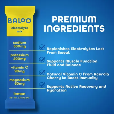 Communicates multiple distinct benefits of the electrolyte mix through a segmented layout with checkmarks, showing how the product supports hydration, muscle function, immunity, and recovery.