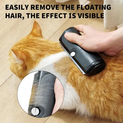 Demonstrates the visible transformation and effectiveness of the pet grooming tool by showing the before and after results of removing floating hair from a cat. Highlights the product's ability to…