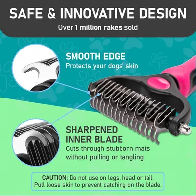 Highlights the physical design features of the rake, showing how the smooth edge protects dogs' skin while the sharpened inner blade cuts through mats effectively and safely. Reassures shoppers that…
