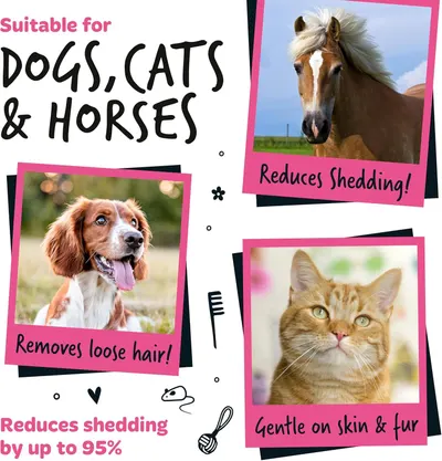 Demonstrates that the product works for multiple types of pets (dogs, cats, and horses), showing versatility and broad applicability to reassure shoppers with different animals. Highlights multiple…