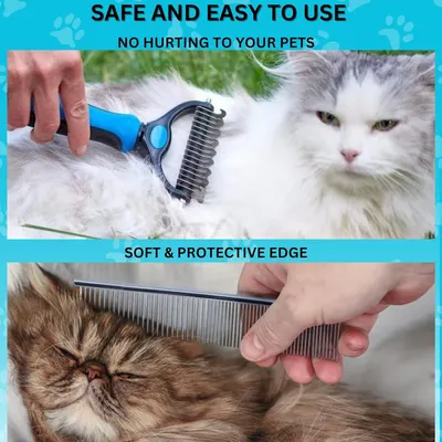 Communicates multiple safety and usability benefits of the pet grooming tool, reassuring pet owners that the product is gentle, protective, and won't harm their pets during grooming.