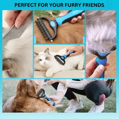 Demonstrates the versatility of the pet grooming tool by showing it being used in multiple real-world scenarios with different pets (dogs and cats) to reassure shoppers it works for various furry…