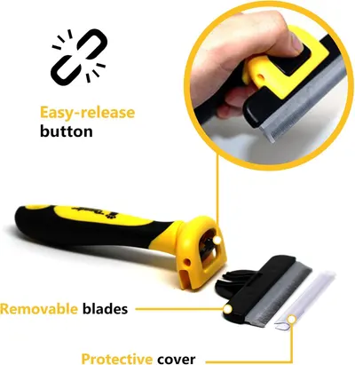 Highlights the key physical components and design features of the product, showing how the easy-release button works, the removable blade system, and the protective cover to help shoppers understand…