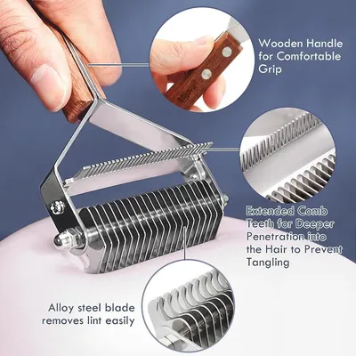 Breaks down the physical components of the lint remover tool to show shoppers what each part does and how the product is constructed for effective lint removal.