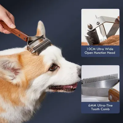 Highlights the physical components and specifications of the pet grooming tool, showing the wide head and fine tooth comb to help shoppers understand the product's construction and capabilities.