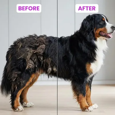 Demonstrates the dramatic transformation and effectiveness of the grooming product by showing the same dog before (matted, unkempt fur) and after (clean, well-groomed coat).