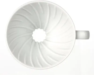 Provides a clean, catalog-style view of the coffee dripper from above, showing its ridged interior design and handle without any distractions.