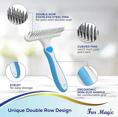 Breaks down the pet grooming brush by highlighting its key physical components and design features, showing shoppers exactly what makes this product effective and safe for pets with double coats.