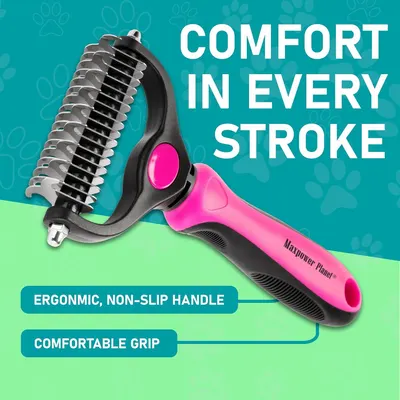 Highlights the ergonomic design and comfortable grip features of the pet grooming brush to reassure shoppers that the product is easy and comfortable to use during grooming sessions. Communicates…