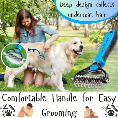 Communicates multiple benefits of the pet grooming tool: its deep design for effective undercoat removal and ergonomic handle for user comfort during grooming sessions.