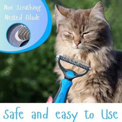 Highlights the product's non-scratching nested blade design and ease of use to reassure pet owners that the grooming tool is safe and gentle for their cats.