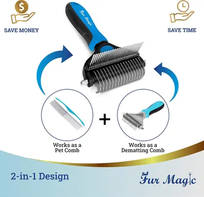 Communicates that this pet grooming tool offers multiple benefits by functioning as both a pet comb and a dematting comb, saving shoppers money and time with its versatile 2-in-1 design.