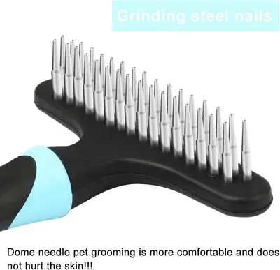Highlights the physical construction of the grooming brush, specifically the steel nail bristles and dome needle design, to communicate the product's gentle yet effective grooming capability.…