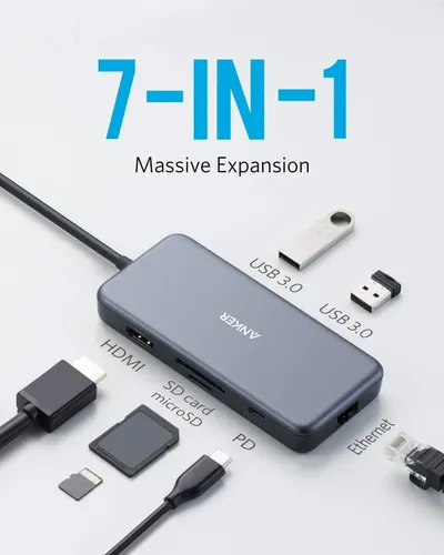 Demonstrates the hub's versatility by showing all seven connection types it supports (HDMI, USB 3.0, SD/microSD, PD, Ethernet), reassuring shoppers that one device handles multiple connectivity…