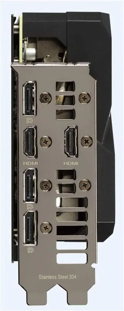 Shows the physical layout and components of the graphics card's I/O panel, highlighting the various ports (DisplayPort, HDMI) and construction material to…