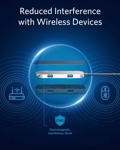 Communicates that the product features electromagnetic interference shielding to reduce interference with wireless devices like routers and Bluetooth, reassuring shoppers of reliable connectivity.