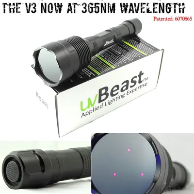 Shows the customer what they receive when purchasing: the uvBeast flashlight and its branded packaging box, building confidence in the complete purchase. Highlights the technical specification of…