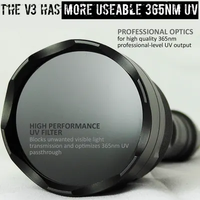 Communicates multiple technical benefits of the UV flashlight, highlighting both the professional-grade 365nm optics and the high-performance UV filter that optimizes light output.