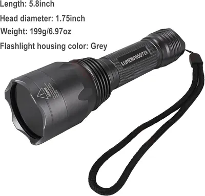 Communicates the exact physical measurements and weight of the flashlight to help shoppers understand its size and portability before purchase.