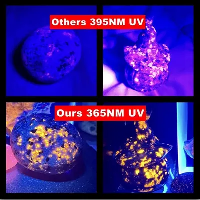 Demonstrates that this product's 365NM UV light reveals more fluorescent details and provides superior performance compared to competitors' 395NM UV lights.