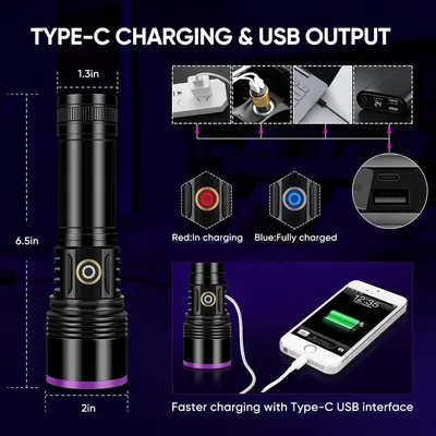 Communicates multiple benefits of the flashlight's charging system, including Type-C compatibility, USB output for charging devices, visual charging indicators, and compact dimensions to reassure…
