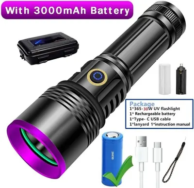 Shows everything included in the package: the UV flashlight, rechargeable battery, Type-C USB cable, lanyard, instruction manual, and carrying case to reassure shoppers they're getting a complete…