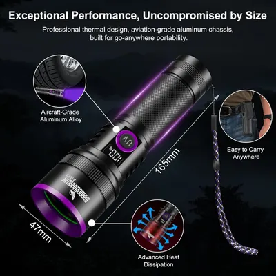 Breaks down the flashlight's key physical components and design features to demonstrate premium construction quality and functional design elements. Showcases multiple distinct selling benefits…