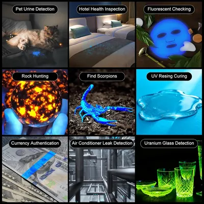 Demonstrates the versatility of the UV flashlight product by showcasing nine distinct real-world applications across home, travel, hobby, and professional contexts to help shoppers understand the…