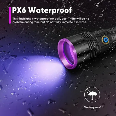 Communicates that the flashlight has IPX6 waterproof certification, reassuring shoppers it can withstand rain and daily wet conditions without damage. Highlights the waterproof capability as a key…