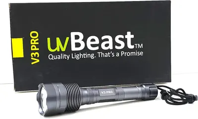Establishes brand recognition and trust by prominently displaying the uvBeast V3 PRO brand name, logo, and tagline 'Quality Lighting. That's a Promise' alongside the product and its packaging.