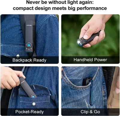Demonstrates the flashlight's versatility by showing four different carrying and usage scenarios (backpack-ready, handheld, pocket-ready, and clip-on), reassuring shoppers that the compact design…