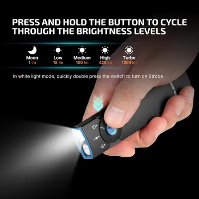 Instructs shoppers on how to cycle through the flashlight's five brightness levels and activate strobe mode, demonstrating ease of use and versatility. Highlights the flashlight's impressive range…