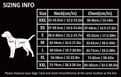 Provides a detailed sizing chart with neck and chest measurements in both cm and inches to help customers select the correct size for their dog.
