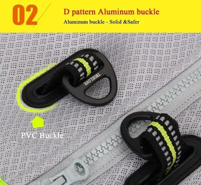 Highlights the aluminum buckle component and compares it to a PVC buckle to emphasize the solid and safer construction of the product. Communicates the safety and durability benefit of using an…