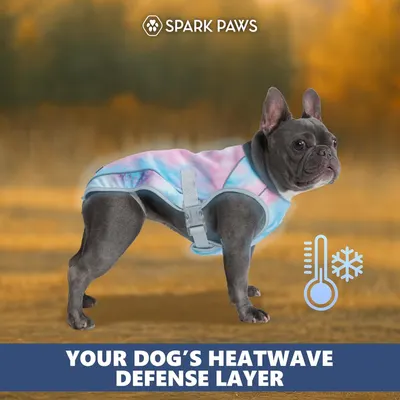 Communicates the primary benefit of the cooling vest as a protective layer against heat, reassuring shoppers about their dog's safety in hot weather.