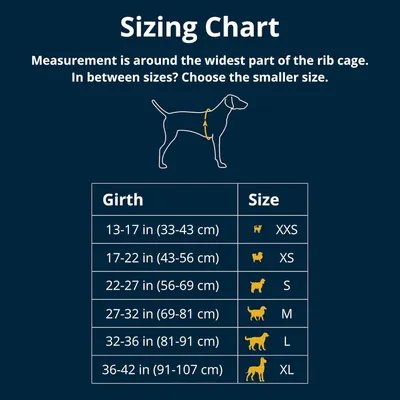 Helps shoppers determine the correct size for their dog by providing a detailed sizing chart with girth measurements and corresponding sizes.