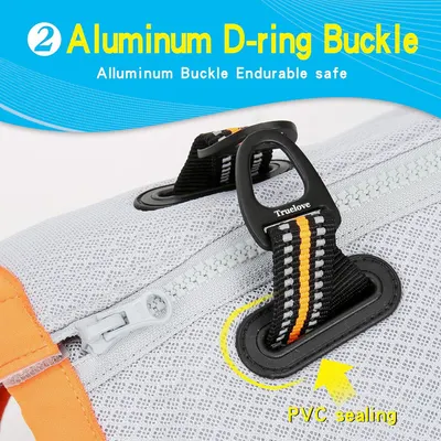 Highlights the physical components of the buckle attachment system, showing the durable aluminum D-ring and PVC sealing to reassure shoppers of quality construction. Communicates the safety and…