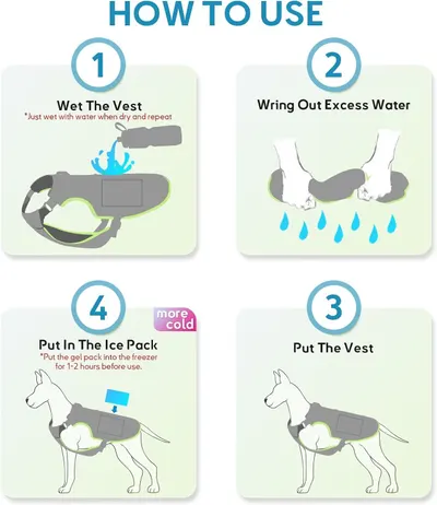 Provides clear step-by-step instructions on how to use the dog cooling vest: wet it, wring out excess water, freeze the ice pack, and put it on the dog.