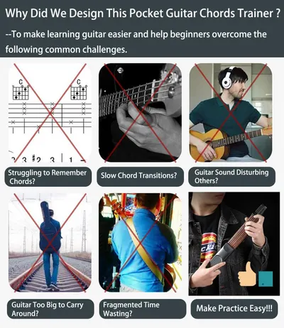Communicates multiple benefits of the pocket guitar chords trainer by showing common beginner challenges it solves: memorizing chords, slow transitions, noise concerns, portability, and time…