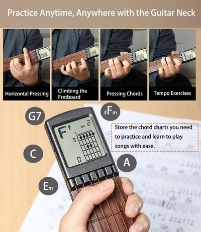 Demonstrates the multiple ways the Guitar Neck device can be used for practice (horizontal pressing, climbing fretboard, pressing chords, tempo exercises) and its ability to store chord charts,…