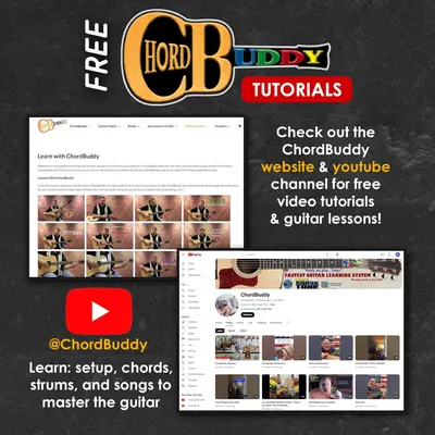 Informs shoppers that free video tutorials and guitar lessons are available on the ChordBuddy website and YouTube channel, adding value and support to the purchase.